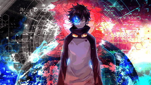 a drawing of a boy with blue eyes stands in front of a colorful background that says 5wt