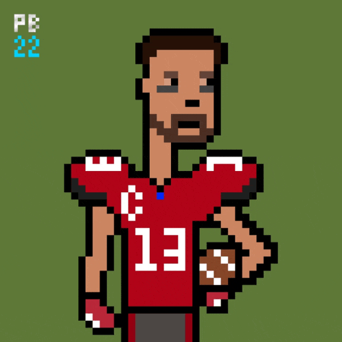 a pixel art drawing of a man wearing a red jersey with the number 13 on it