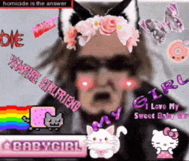 a man with cat ears and a flower crown on his head is surrounded by stickers including one that says babygirl