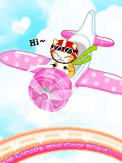 a cartoon cat is flying in a pink airplane with the words hi on the bottom