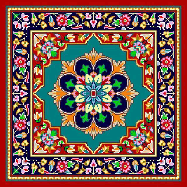 a colorful floral pattern on a blue background with a red border .