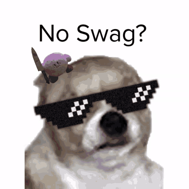 a picture of a dog wearing sunglasses with kirby holding a knife above it and the words " no swag "