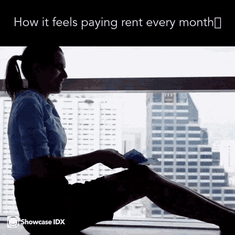 a woman sits in front of a window with the words " how it feels paying rent every month " above her