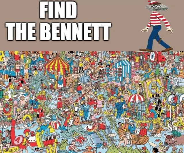 a poster that says find the bennett with a cartoon character in the background