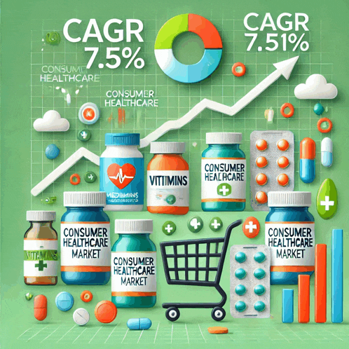 an advertisement for the consumer healthcare market shows a shopping cart full of pills