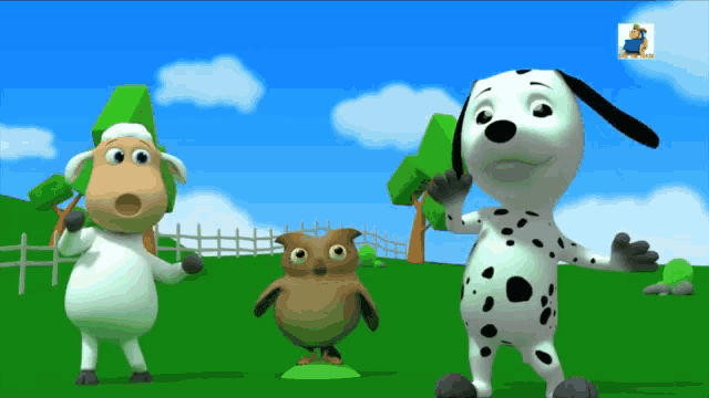 a dalmatian dog standing next to a sheep and an owl in a cartoon scene