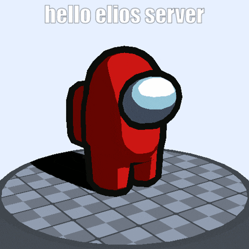 a red among us character is standing on a checkered floor and says hello elios server