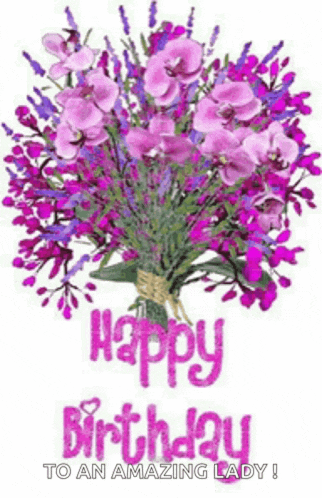 a birthday card with a bouquet of purple flowers and the words `` happy birthday to an amazing lady ! ''