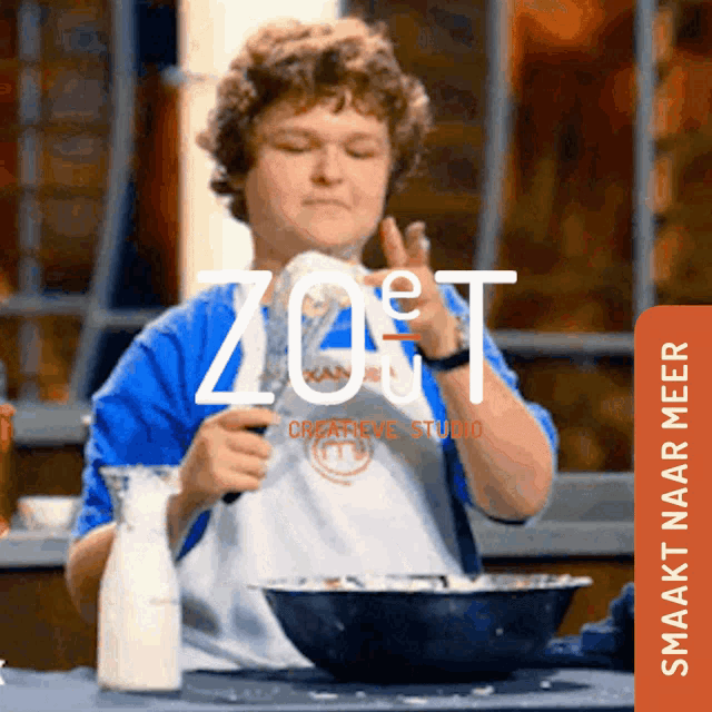 a boy in a chef 's apron is holding a spoon and a bowl of food with the word zoet above him