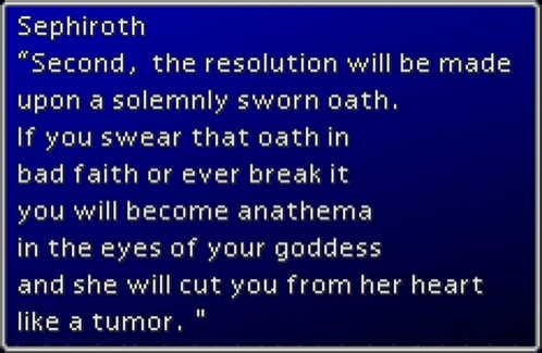 a blue screen with a quote from sephiroth