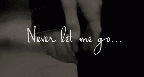 a couple holding hands with the words never let me go written below them