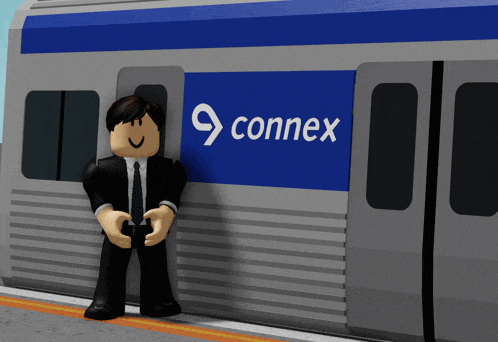 a cartoon character leaning against a train with the word connex on the side