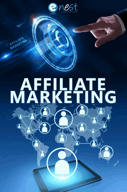 a poster for affiliate marketing shows a tablet and a hand pointing