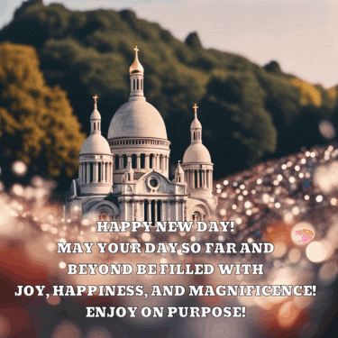 a happy new day greeting card with a church in the background