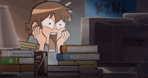 a cartoon of a man sitting in front of a stack of books with a sign that says king in the background