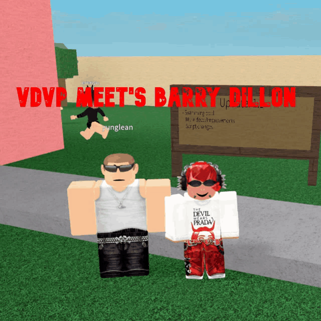 two roblox characters are standing in front of a sign that says vdvf meet 's barry dhillon