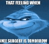 a cartoon character is smiling and says `` that feeling when knee surgery is tomorrow `` .