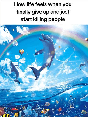 a poster with dolphins and a rainbow in the background