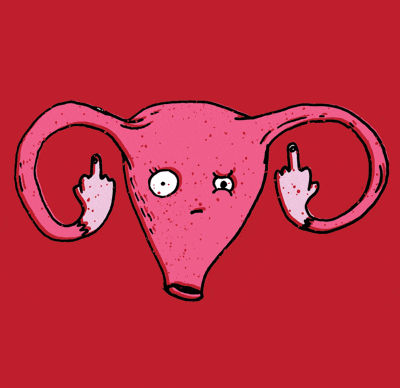 a cartoon drawing of a female uterus with a middle finger