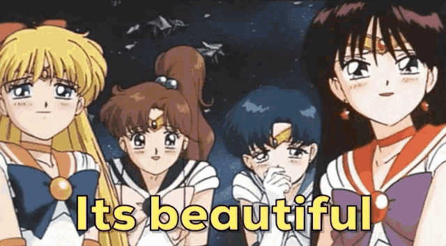 a group of anime girls standing next to each other with the words " it 's beautiful " written on the bottom