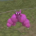 a pink monster is standing on top of a grassy field in a video game .