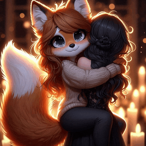 a fox is hugging a girl with long black hair