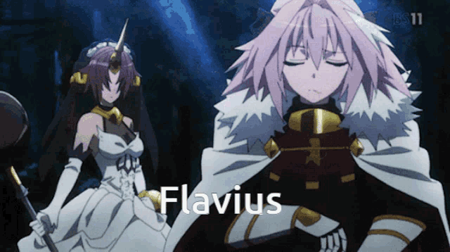 two anime characters are standing next to each other and the word flavius is on the bottom