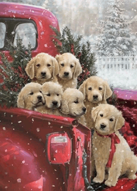 a painting of puppies in the back of a red truck