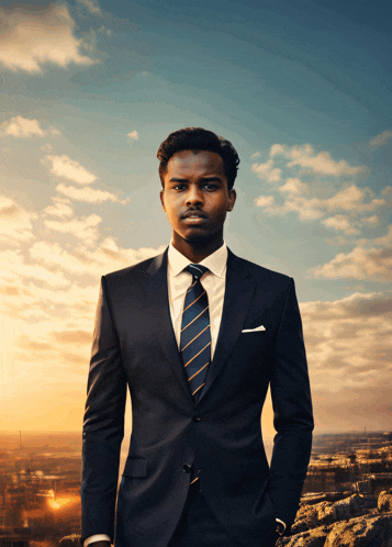 a man in a suit and tie stands in front of a city