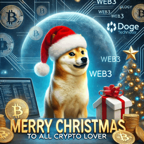 a dog wearing a santa hat with the words merry christmas to all crypto lover on it