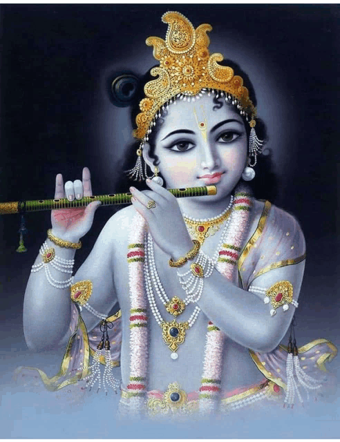 a painting of krishna playing a flute with a crown on his head