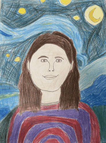 a drawing of a woman 's face in front of a starry night sky