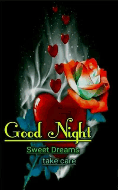 a good night sweet dreams take care greeting card with a heart and a rose .