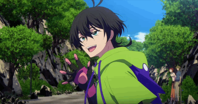 a cartoon character with a green hoodie and purple sleeves