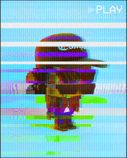 a glitch image of a person with the word play above them