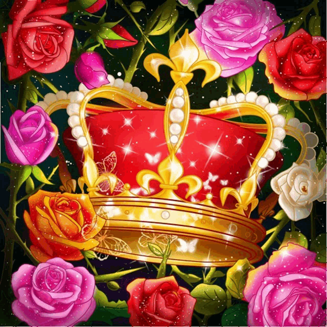 a crown is surrounded by roses and butterflies on a dark background