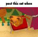 a cartoon cat laying on a red pillow with the words post this cat when