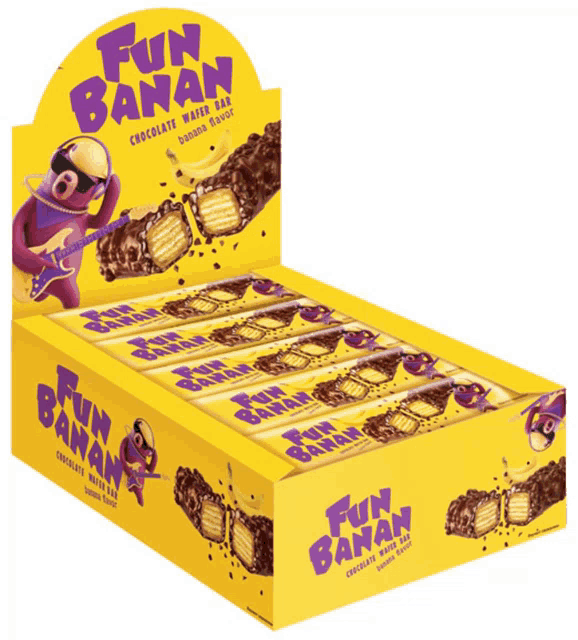 a box of fun banan chocolate water bars