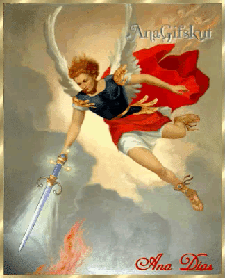 a painting of a man with wings holding a sword by ana dias