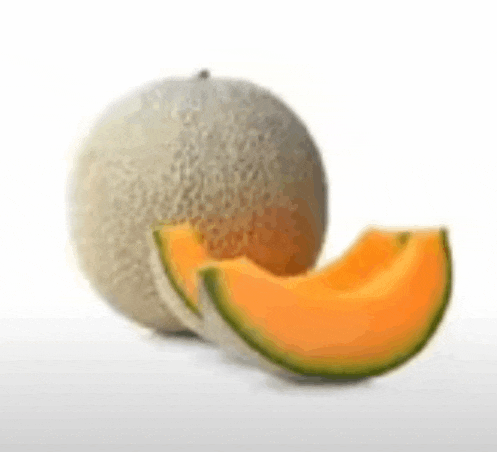 a cantaloupe is sitting next to a slice of cantaloupe on a white surface .