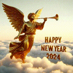 a statue of an angel blowing a trumpet with the words happy new year 2024 written below it