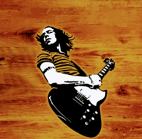 a drawing of a man playing a guitar on a wooden background