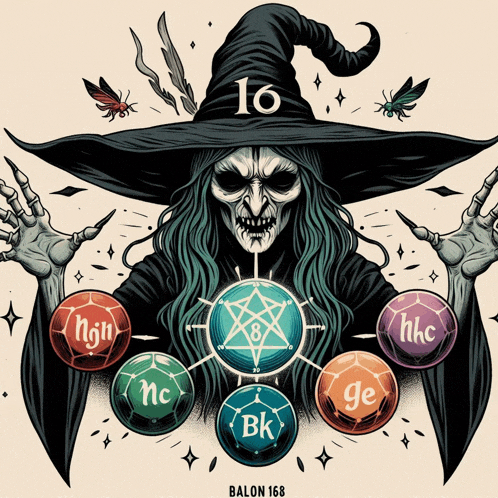 an illustration of a witch wearing a hat with the number 16