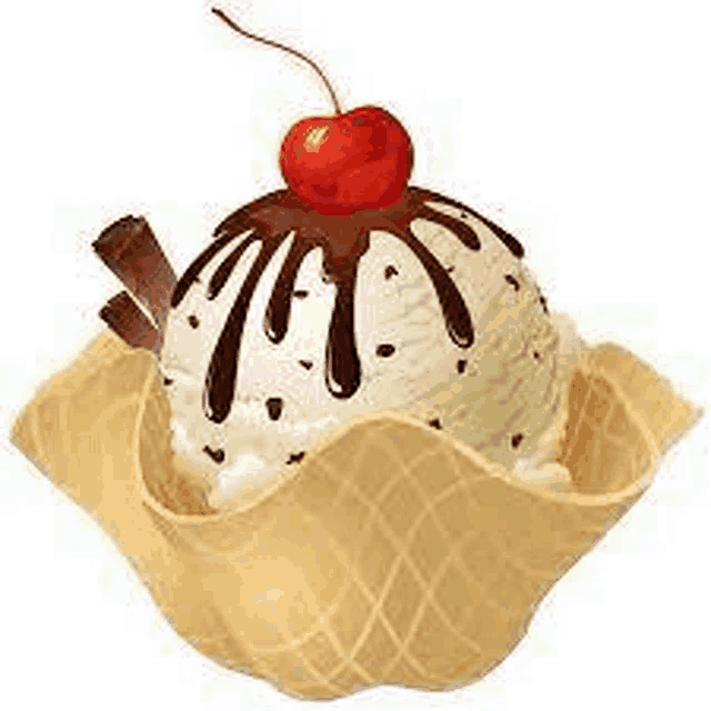 a scoop of ice cream with chocolate sauce and a cherry on top in a waffle cone .