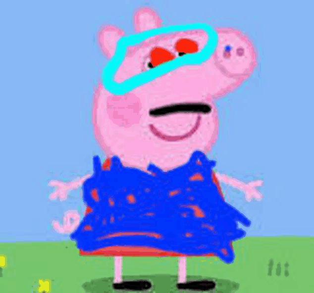 peppa pig is wearing a blue dress and goggles .