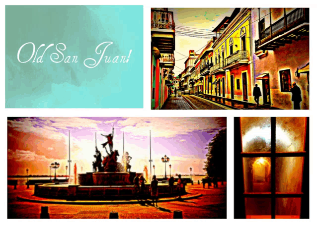 a collage of old san juan images with a blue background