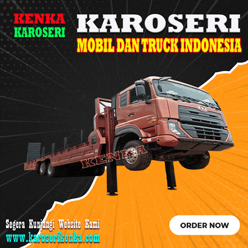 an advertisement for kenda karoseri mobil dan truck indonesia shows a red truck