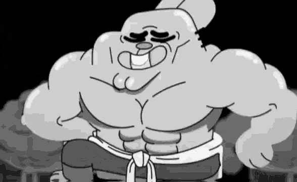 a black and white drawing of a cartoon character with big muscles .