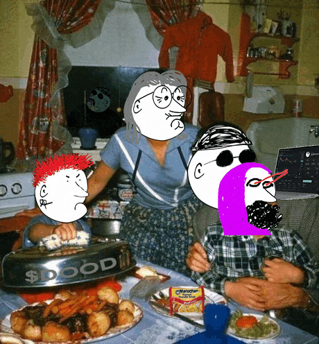 a group of people sitting at a table with plates of food and a container that says $ doood