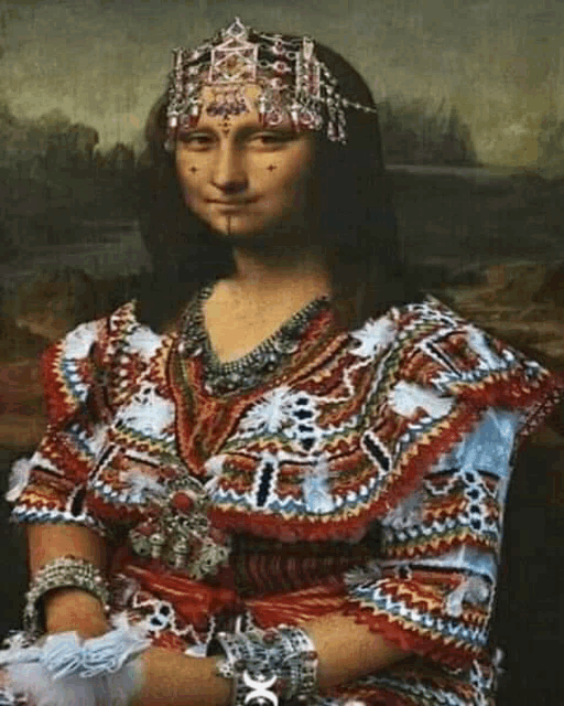 a painting of a woman wearing a colorful dress and a crown .